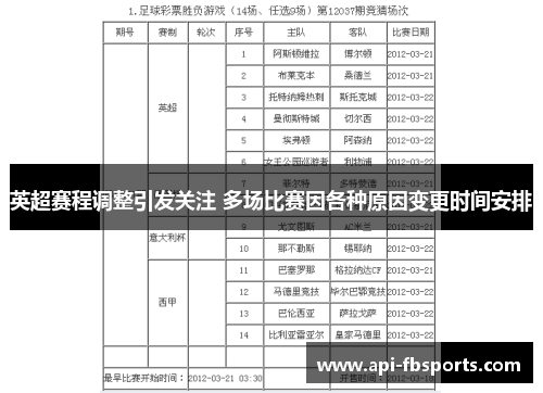 英超赛程调整引发关注 多场比赛因各种原因变更时间安排