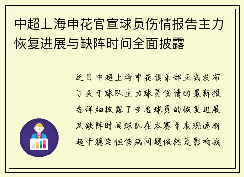 中超上海申花官宣球员伤情报告主力恢复进展与缺阵时间全面披露 中超上海申花官宣球员伤情报告主力恢复进展与缺阵时间全面披露